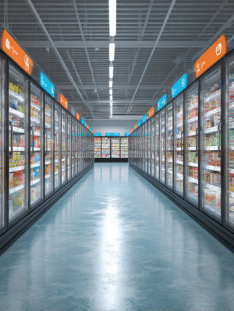 Brightly lit frozen food aisle showcases a variety of products with clear navigation icons above, creating an inviting shopping environment in a grocery store.の素材