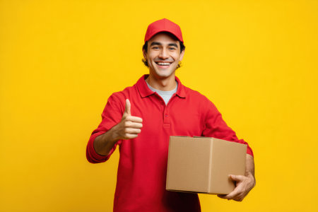 Happy courier gives a thumbs-up after completing a package delivery, showcasing enthusiasm against a vibrant yellow background outdoors during the dayの素材