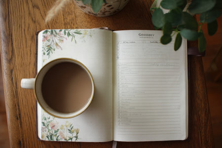 A journal page titled Goodbye Coffee is open beside a cup of coffee, capturing a moment of reflection on personal habits and lifestyle changes.の素材