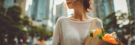 A young woman strolls through an urban area, holding a grocery bag filled with fresh produce, enjoying the vibrant city atmosphere.の素材