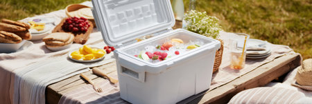 A portable cooler filled with ice and frozen goods is set at a picnic table surrounded by fruit, snacks, and drinks under a clear blue sky.の素材