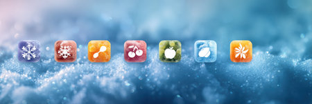 Various frozen food brand icons are arranged in a central layout against an icy gradient background, showcasing colorful and engaging designs.の素材