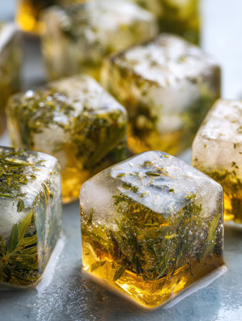 A collection of frozen herbs suspended in olive oil cubes, showing vibrant colors and textures in a bright and appealing arrangement.の素材