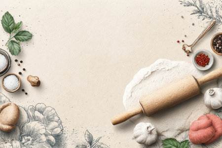 A baking workspace is organized with flour, a rolling pin, spices, and the essential ingredients laid out, ready for a culinary creation.の素材