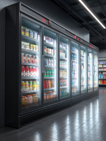 Retail freezer section features neat rows of products with digital price tags, creating an organized shopping experience in a contemporary setting.の素材