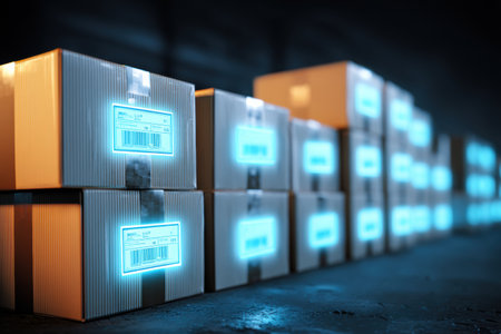 A stack of packages sits against a dark background, each adorned with glowing labels, enhancing the intriguing aura of the setting and sparking curiosity.の素材