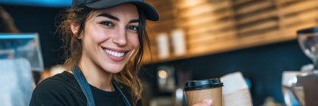 Barista recommends various low-caffeine drinks to a customer while smiling warmly in a clean and inviting cafe atmosphere.の素材