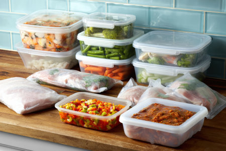 Large portions of meals are prepared and frozen in containers, featuring colorful vegetables and proteins arranged neatly on a wooden surface.の素材