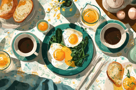 Enjoy a delightful brunch with perfectly cooked eggs on greens, accompanied by freshly brewed coffee and warm bread, all displayed on a sunny tabletop.の素材