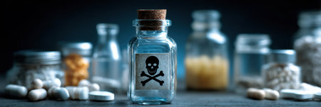 A glass bottle with a poison symbol sits on a table among safety and danger items in a dimly lit setting.の素材