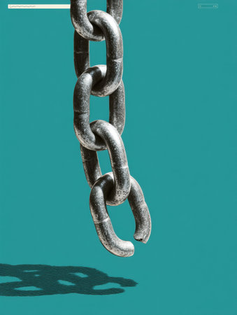Broken link chain illustrates disruption in connectivity, hanging from a digital URL bar against a vibrant backdrop suggesting digital challenges.の素材