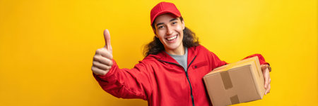 Happy courier smiles and gives thumbs-up after successful delivery, standing against a bright yellow background in a cheerful atmosphere.の素材