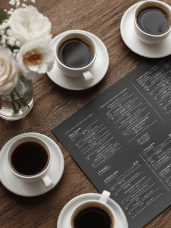 A coffee menu details the caffeine content from low to high, surrounded by several cups of coffee and a vase of flowers on a wooden table.の素材