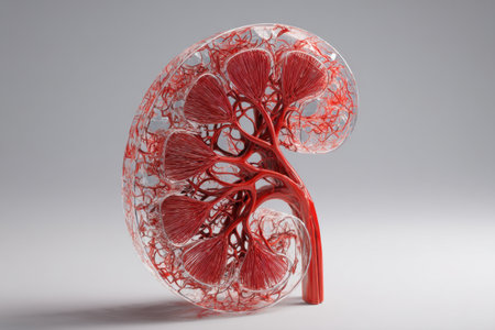 3D kidney model cross-section highlights vascular structures with a smooth finish, clearly showing the left zone for educational use.の素材