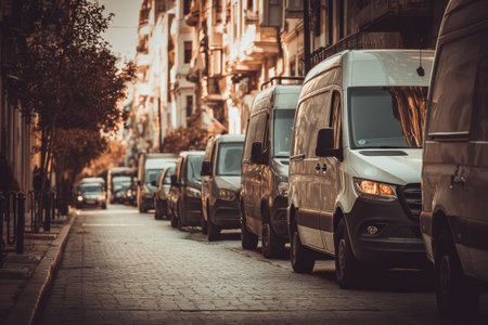 Branded delivery vans are parked on a quaint urban street, illuminated by warm light from the setting sun filtering through the trees.の素材