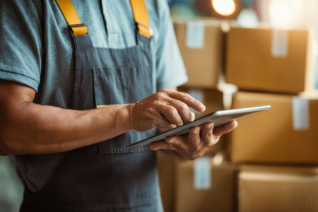 Customer interacts with a tablet to confirm delivery details while surrounded by cardboard boxes in a warehouse setting, emphasizing the delivery process.の素材