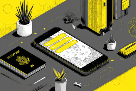 Brightly colored workspace displays a travel booking app on a smartphone with a passport and suitcase, suggesting excitement for upcoming travel adventures.の素材