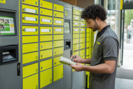 Customer interacts with a bright box locker in an urban area, receiving a delivery on a sunny day, with a focus on efficient service and convenience.の素材