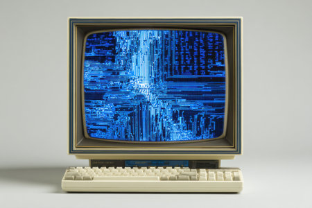 Vintage monitor displays a blue screen of death with glitch effects against a light background, capturing a nostalgic moment in computing history.の素材