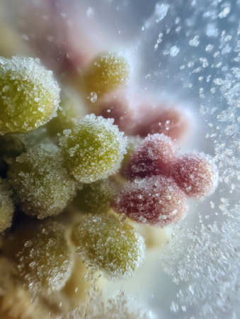 Close-up details showcase frost particles encasing frozen vegetables, highlighting the unique textures and colors that create a striking visual contrast.の素材