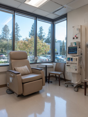 Relaxing dialysis chair positioned by large windows offering a serene view, enhancing the atmosphere in the medical treatment area during daylight.の素材