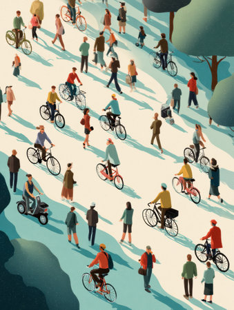 People navigate the city on bicycles and scooters, enjoying a lively atmosphere filled with movement and energy in a vibrant urban environment.の素材