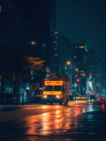 Bright lights from a delivery vehicle reflect off wet pavement in a bustling city at night, creating a vibrant urban atmosphere full of life.の素材