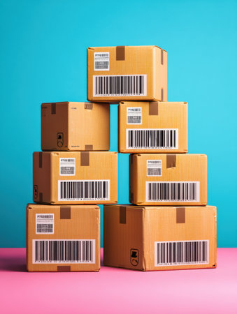 Neatly stacked cardboard boxes with barcodes and fragile labels showcase organized logistics and efficient packaging.の素材