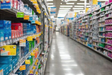Customers navigate a well-organized pharmacy aisle filled with products categorized by color-coded safety labels, ensuring easy identification and selection.の素材
