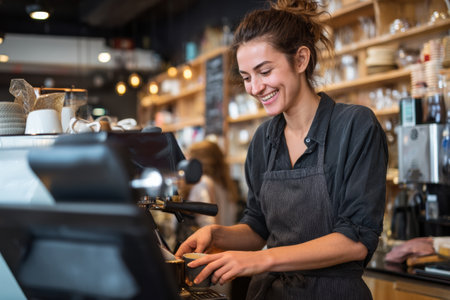 A barista at a busy cafe smiles as she recommends low-caffeine drinks to customers in a friendly atmosphere filled with wooden decor.の素材