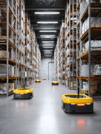 Smart delivery robots are efficiently navigating the aisles of a modern warehouse filled with neatly organized shelves of products.の素材