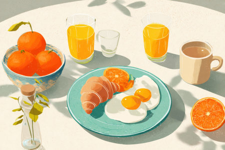 Colorful breakfast setting featuring two eggs, croissant, whole oranges, and orange juice in glasses, creating a cheerful morning atmosphere.の素材