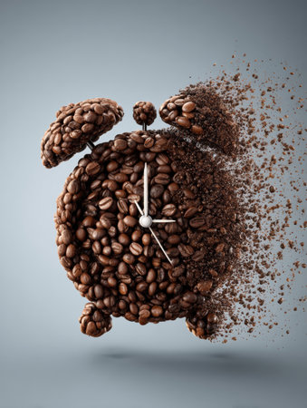 Coffee beans creatively shape into an alarm clock, symbolizing the morning ritual of brewing coffee, against a clear sky backdrop.の素材