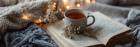 Enjoying a cozy evening setting with a book, soft blanket, and a cup of caffeine-free tea under warm, ambient lights creates a peaceful atmosphere.の素材