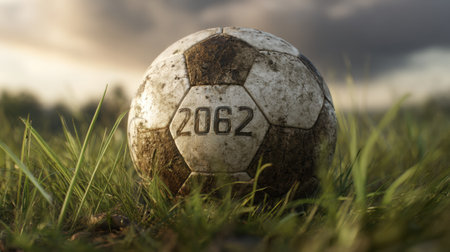 A worn soccer ball marked with year 2026 lies in a grass field, highlighting the excitement and preparation for the upcoming championship seasonの素材