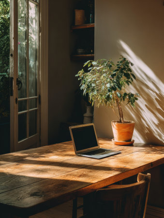 Cozy home desk setup with a laptop and potted plant, illuminated by soft sunlight, creating a warm and inviting atmosphere for remote work.の素材