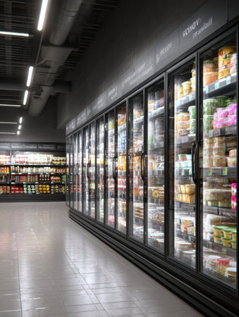 The tidy frozen food aisle features labeled shelves of meals and snacks, offering easy access for shoppers.の素材