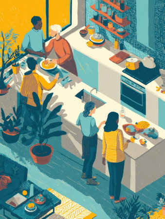 A lively gathering of friends preparing dinner together in a spacious modern kitchen filled with colorful decor, plants, and joyful interaction.の素材
