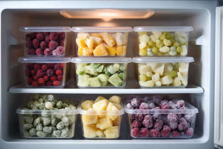 A well-organized kitchen freezer brimming with vibrant frozen treats, showing an array of fruits in clear containers under warm lighting.の素材