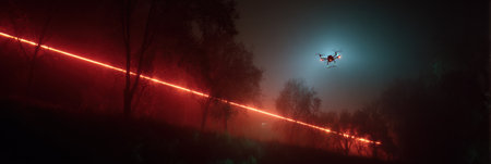 A drone navigates through a foggy terrain at night, illuminated by striking red path lights while making deliveries efficiently.の素材