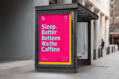 A vibrant pink poster displays the message that sleep is better than caffeine, set in a busy city street with pedestrians passing by.の素材