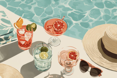 Brightly colored cocktails rest on a table beside a shimmering pool under a clear blue sky, with stylish sun hats and sunglasses nearby.の素材