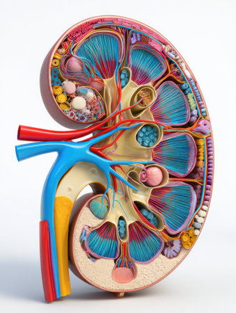 Detailed cross-section of a kidney highlighting anatomical features including blood vessels, nephrons, and other key elements of renal structure.の素材