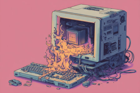 Illustration shows a computer with a melting CPU and an open top, using vivid colors to depict chaos and system failure.の素材