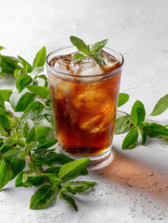 Glass filled with iced decaf tea garnished with mint sits amidst fresh mint leaves, showing a refreshing beverage perfect for warm days.の素材