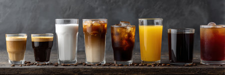 Various beverages are displayed in a line according to their caffeine content, featuring different textures, colors, and glass styles against a dark backgroundの素材