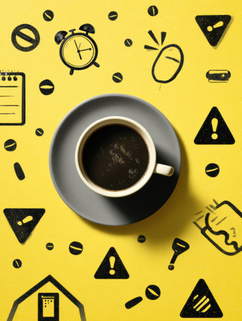 A coffee cup sits at the center of a clean yellow layout, surrounded by various warning signs and clock icons, highlighting urgency and caution.の素材