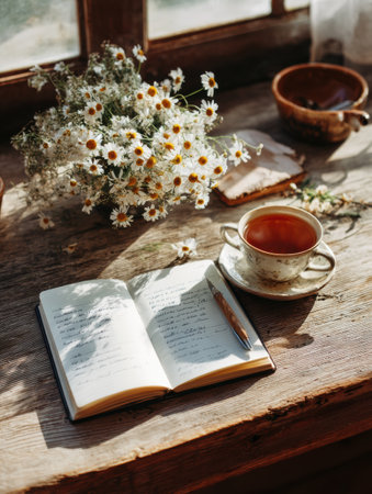 A peaceful morning unfolds with a cup of caffeine-free tea, an open journal titled caffeine-free routine, and fresh flowers near a sunny window.の素材