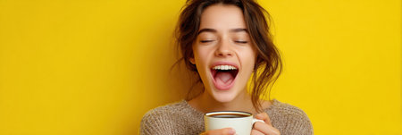 A woman is yawning and pouring coffee into a cup in a brightly lit kitchen. It is early morning, and she looks relaxed yet sleepy.の素材