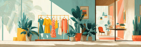 Stylish boutique fashion store interior showcases an organized clothing rack filled with colorful outfits surrounded by green plants in a bright, inviting spaceの素材